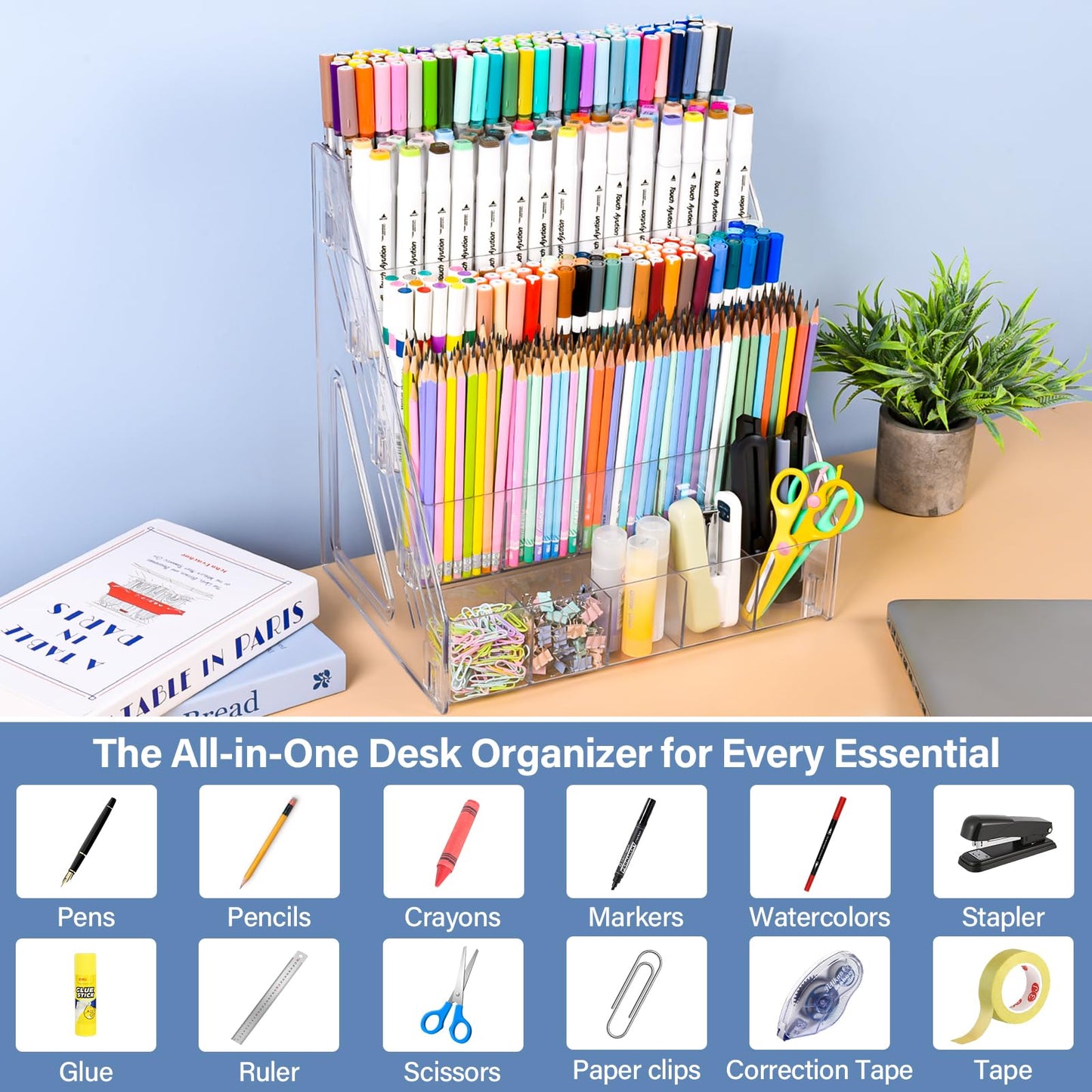 CELSOL Acrylic Pen Holder – 3 Tier 15 Compartments Vertical Storage for Markers, Pens & Art Supplies – Clear Desk Organizer for Home, School & Office – Ideal for Space-Saving & Desk Organization