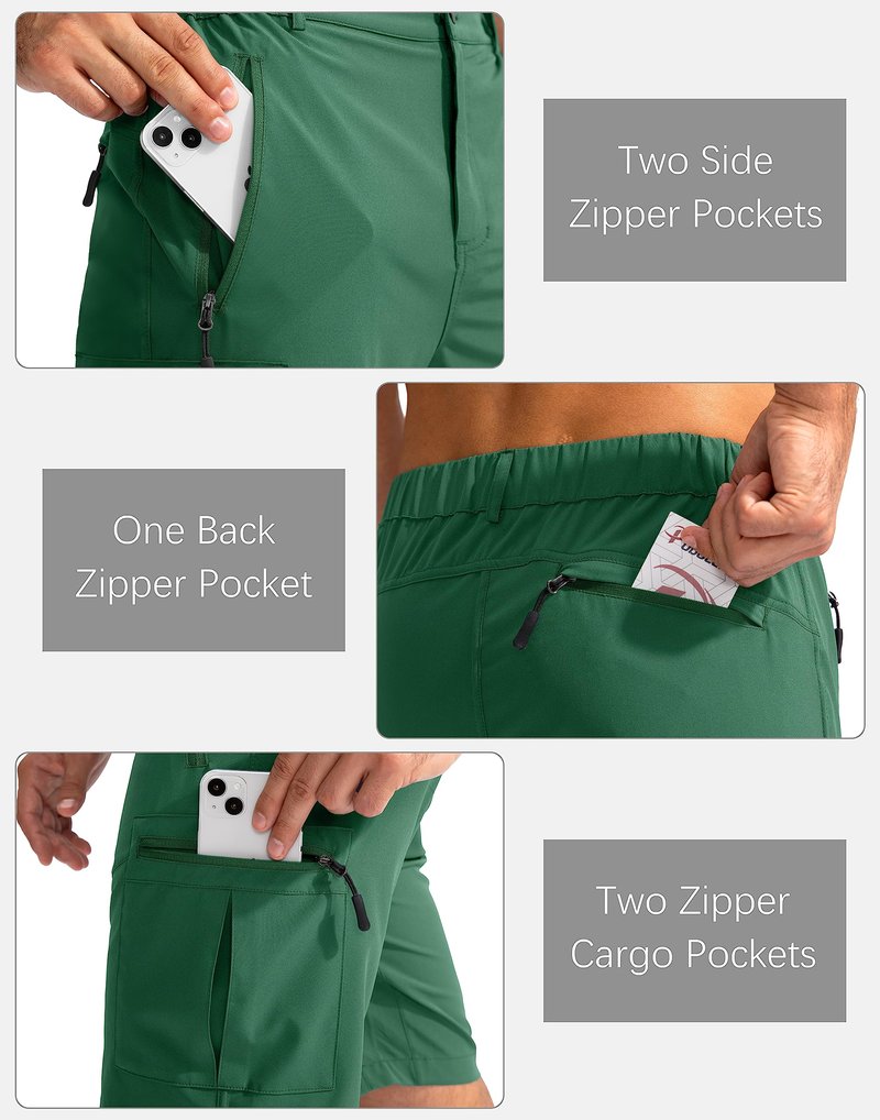 Pudolla Men's Hiking Cargo Shorts 9" Lightweight Outdoor Work Shorts for Men Travel Golf Camping Casual with 5 Zipper Pockets(Green Large)