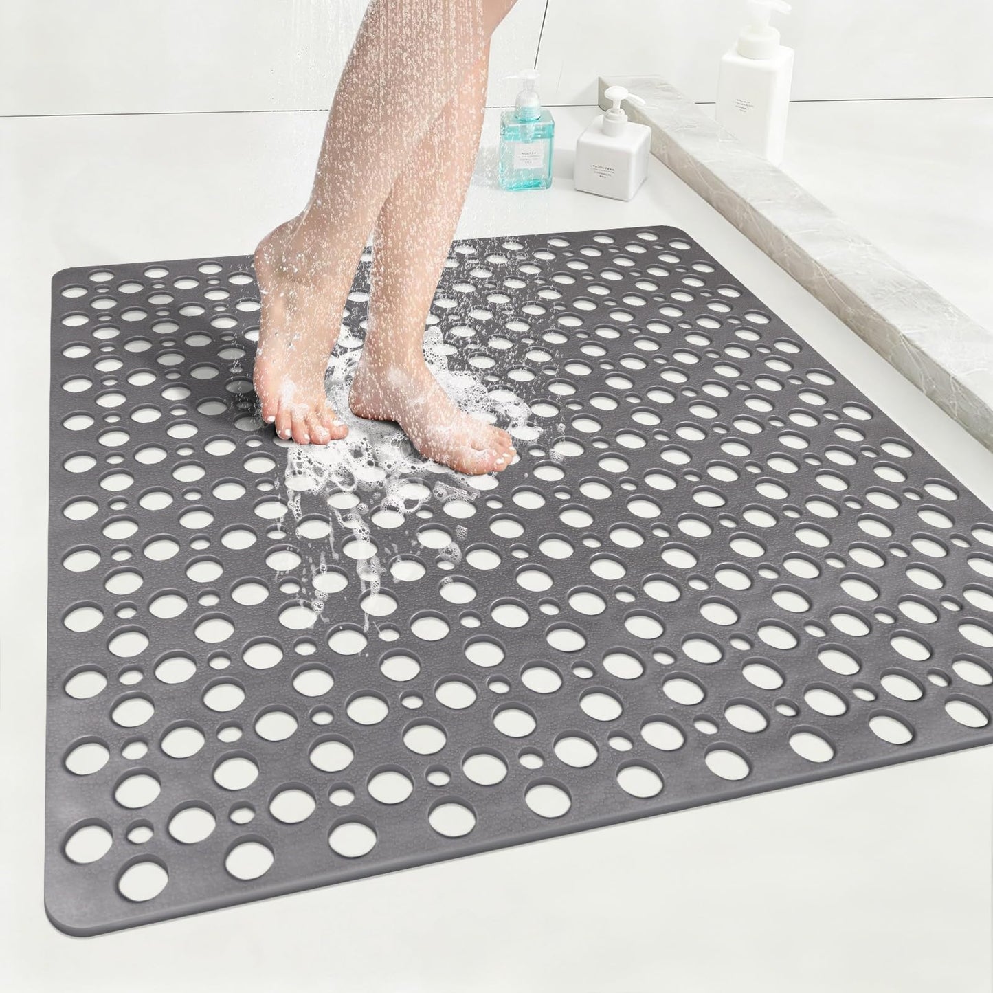 EIVINJE Anti Slip Shower Mat with Suction Cups,27x27 Inch Quick Drain TPE Non Slip Shower Mats for Inside Shower,Large Bath Mat for Shower Soft on Feet, Easy to Dry&Cut Machine Washable