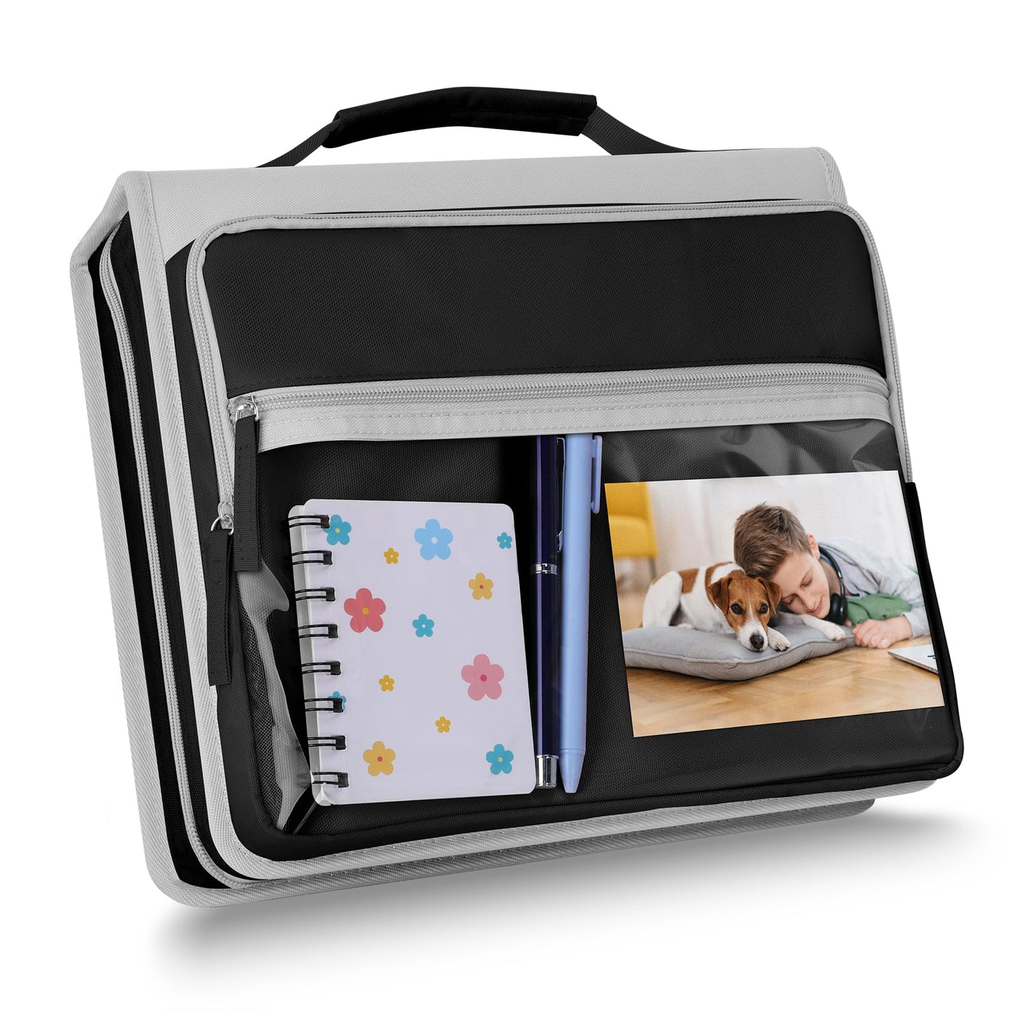 Ndsox Zipper Binder 3 Ring with Handle, 2 Inch O-Ring Document Organizer Middle School Binder with Zipper for Students, 5-Tab Expanding File Folder & 2 Mesh Pouches, DIY Clear Front Pocket, Black