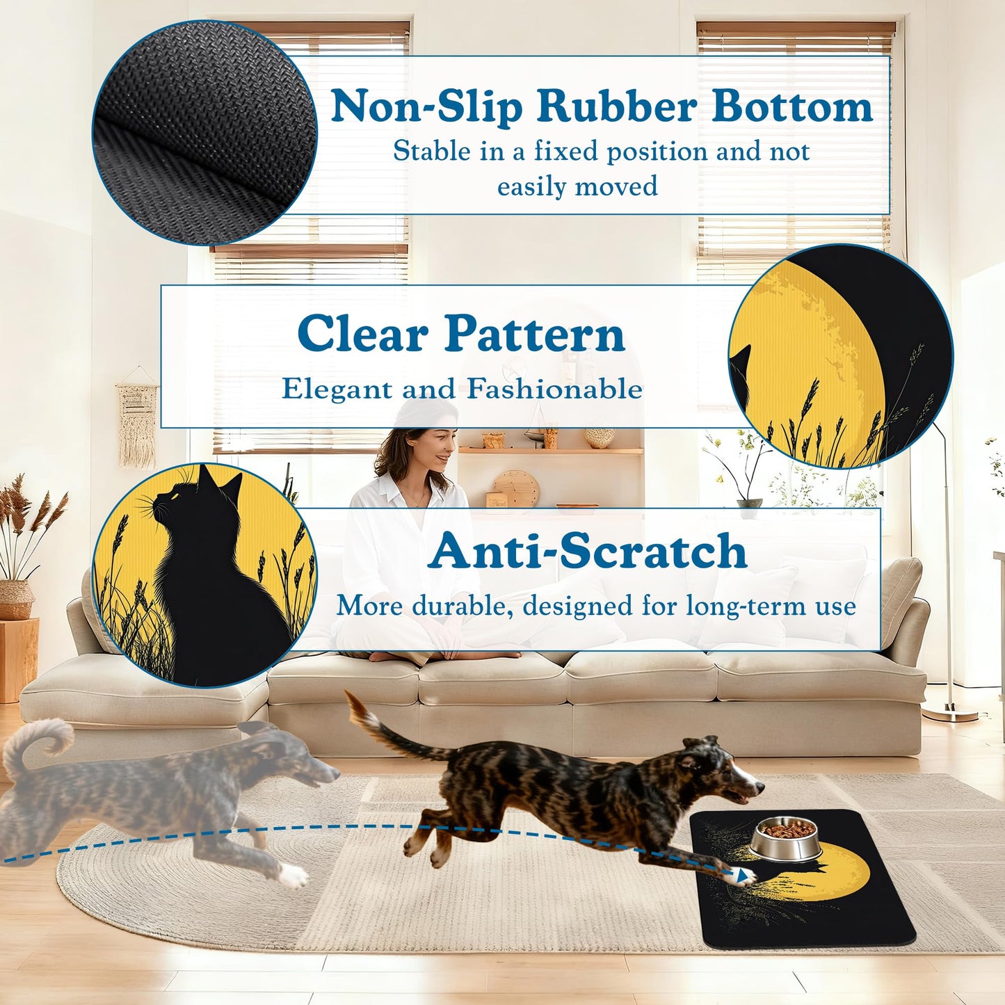 Giner Cat Moon Pet Food Mat for Cats and Dogs–Absorbent Quick Dry Feeding Placemat, Non Slip Rubber Base, Waterproof Bowl Mat for Indoor Use, Pet Supplies 12"x20"