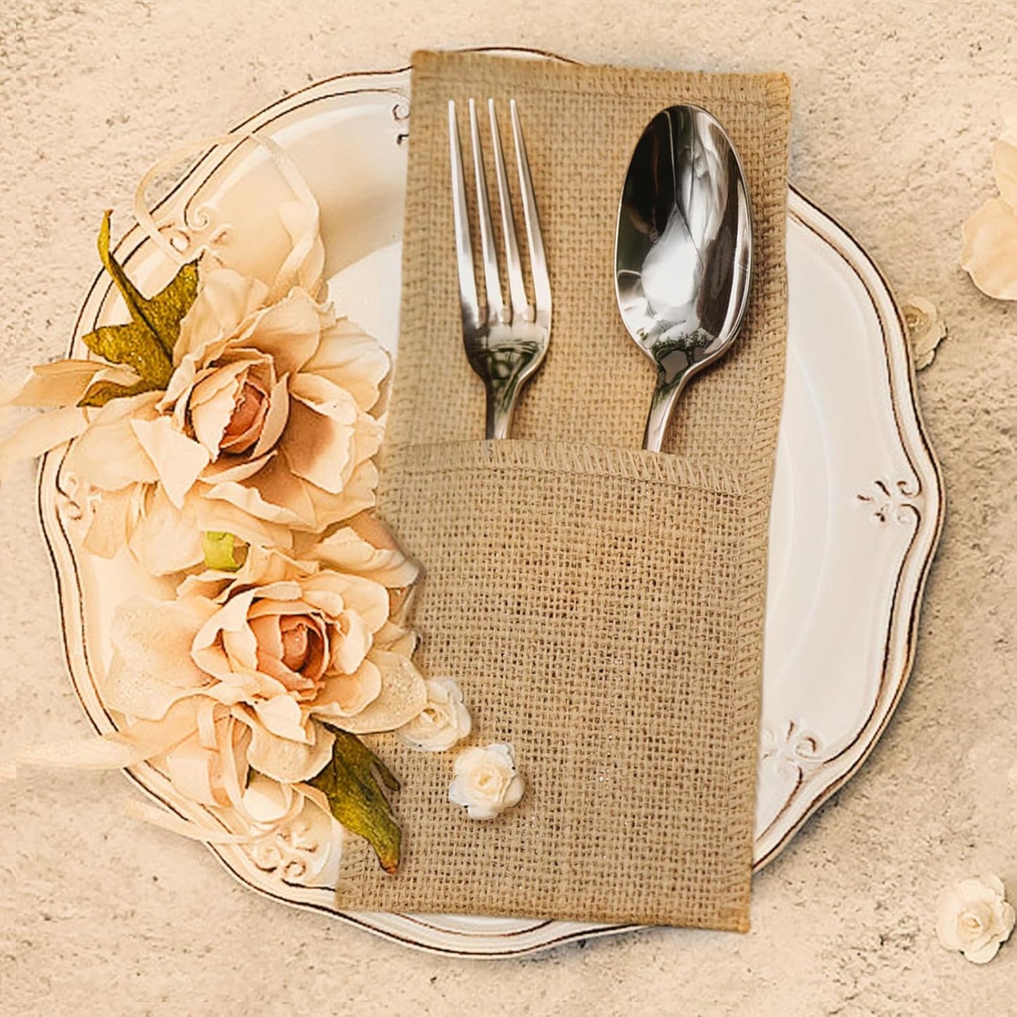 FQTANJU 50 Pcs Burlap Utensils Holders, 4"x8.8" Natural Jute Cutlery Pouch Silverware Holder Knives Forks Spoon Napkin Bag for Rustic Wedding Party Decorations favors