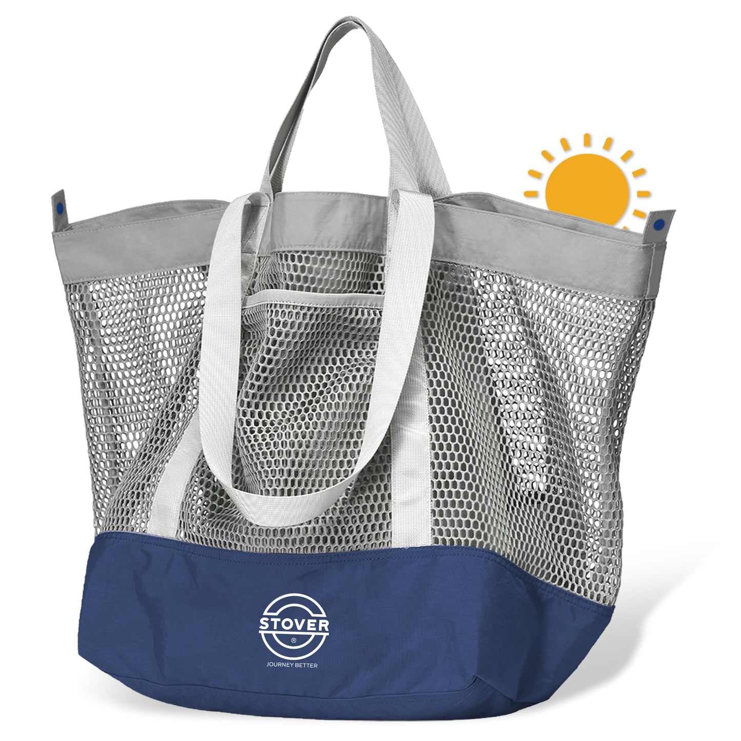 STOVER Extra Large Mesh Nylon Beach Bag, Vacation, Pool, Shopping, Toy, & Travel Tote - Foldable w/Storage Pouch & Pockets for Women, Men & Families - Heavy-Duty and Water-Resistant (Coastal Grey)