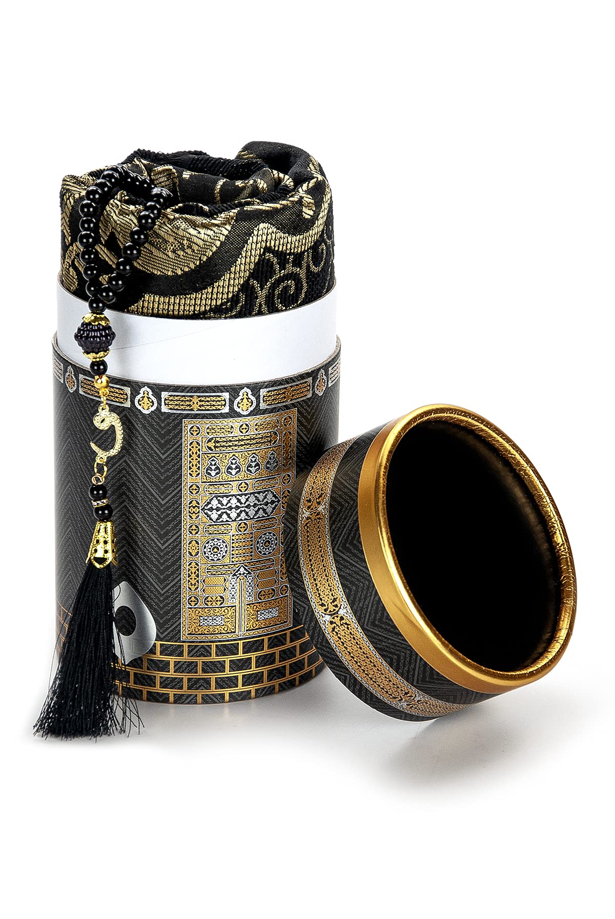 ihvan online Muslim Prayer Rug and Prayer Beads with Elegant Design Cylinder Gift Box, Janamaz, Soft Sajadah, Islamic Gifts Set, Portable Prayers Carpet Mat, Taffeta Fabric, Black