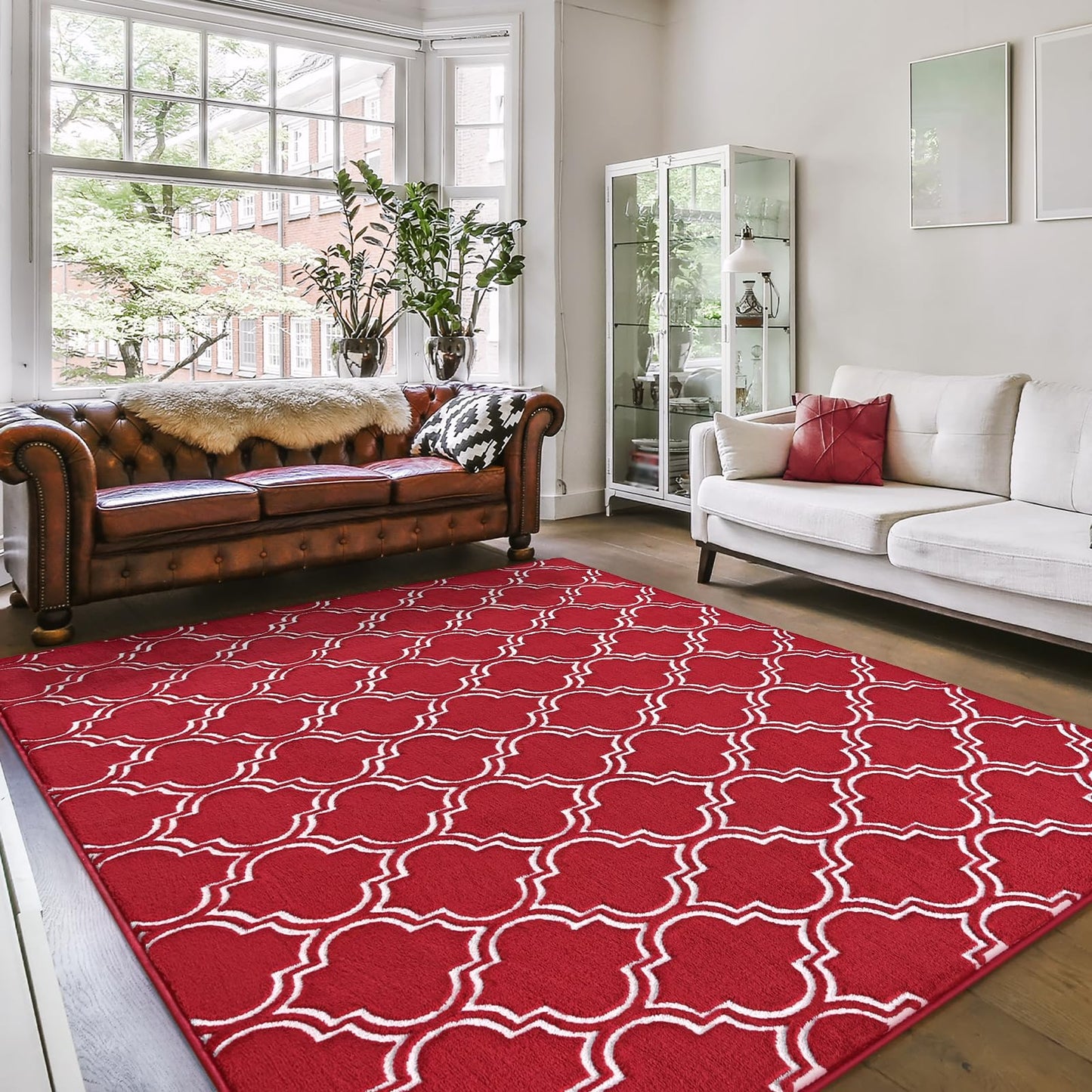 Amearea Fluffy Indoor Area Rug, Soft Trellis Moroccan Rugs for Bedroom, Shag Modern Area Rug for Living Room Kids Room Nursery, Easy Clean, Home Decor Low Pile Carpet, Wine Red 7x10 Feet