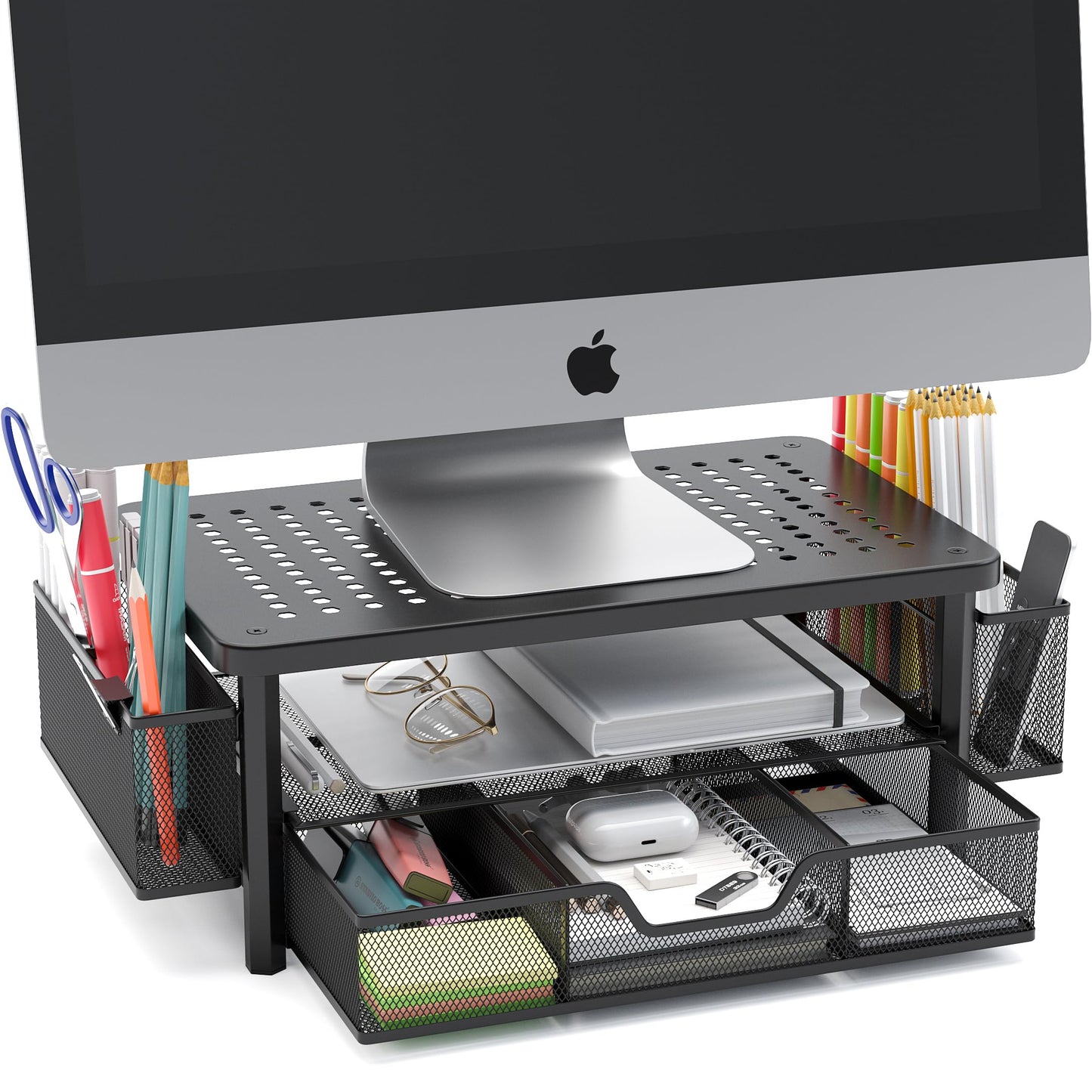 eVoomi FlowMax Ergonomic Desk organizer Computer Monitor Stand -Improved XL Desk Drawer, File Paper Pencil Holders - Pro Posture Eye-Level Tension Relief - Anti-Slip Home Office Supplies Storage Stand for Laptop Monitor or Printer