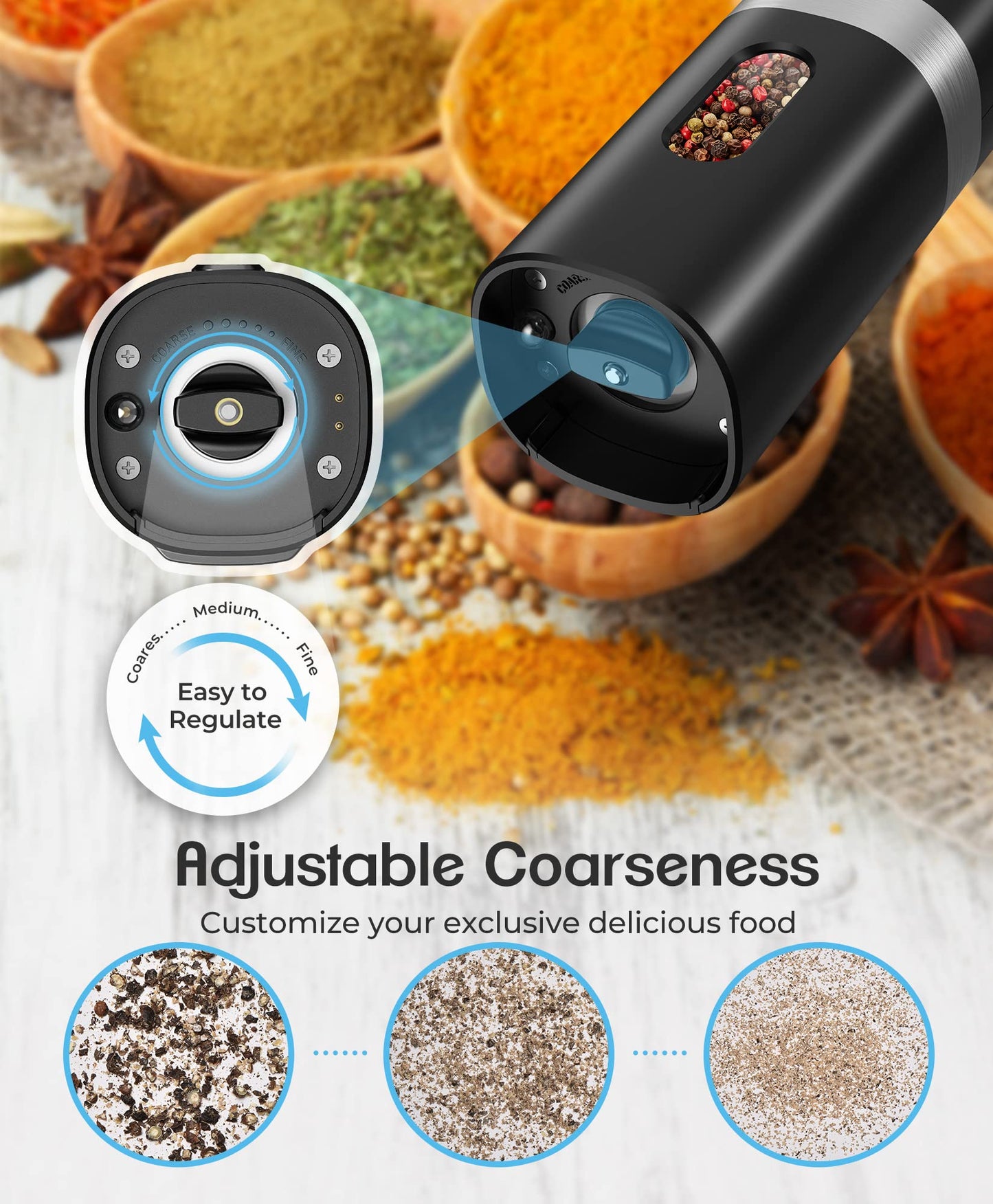 Electric Salt and Pepper Grinder Set, New Rechargeable Salt and Pepper Mill with 4*Rechargeable Batteries, Charging Base, White Light, One Hand Automatic Operation, Black, 2Pack