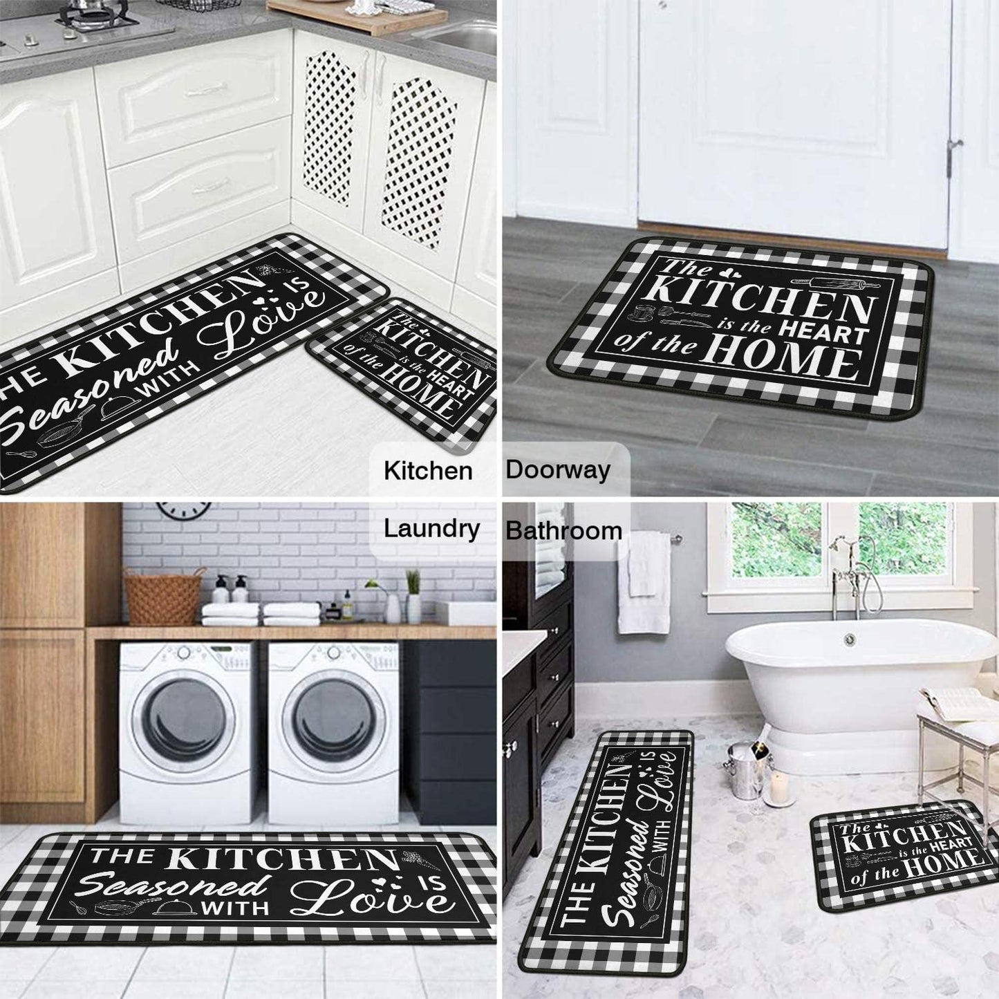 2 Piece Buffalo Plaid Black and White Kitchen Rug Set, Home Kitchen Sink Rugs and Mats Non Skid Washable Absorbent Microfiber Kitchen Floor Decor Carpet 17" x 47"+17" x 30" Tapetes para Cocina