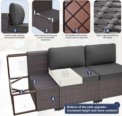 Kurapika 9 Pieces Patio Furniture Set, Rattan Wicker Outdoor Conversation Sets w/4 Inch Cushion and Glass Coffee Table(Grey)