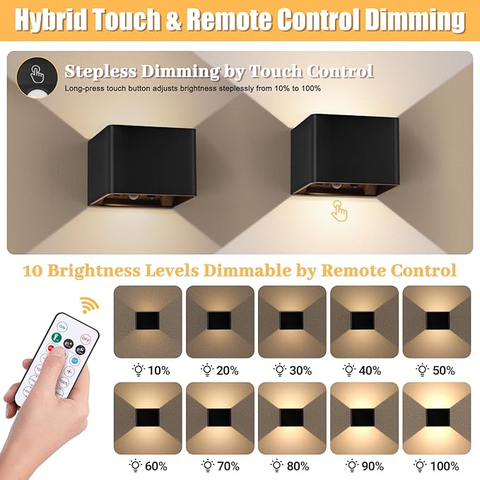 Motion Sensor Wall Sconces with Remote Control, 6000mAh Black Wireless Touch Control Rechargeable Wall Lamps with 3 Color Temperatures, LED Up Down Battery Operated Wall Lights Indoor, 2-Pack