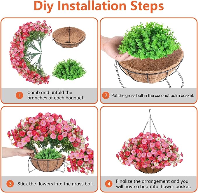 Florielle Artificial Hanging Faux Flowers Basket, Fake Silk Petunias Plants Arrangement,for Spring Summer Outdoor Decoration,UV Resistant, Morning Glorias,for Home Garden Decor (Dark Pink&White)