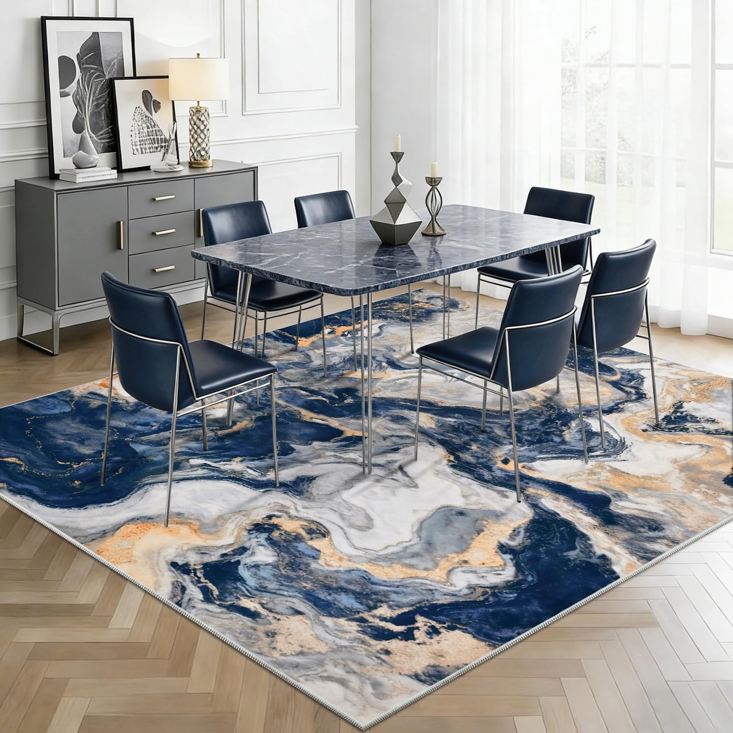 Yinhua Marble Rug 5x7, Blue and Gold Washable Rug Non Slip, Soft Faux Wool Modern Rugs Non Shedding, Low Pile Abstract Area Rugs Non Skid, Stain Resistant Floor Carpet for Living Room Bedroom Office