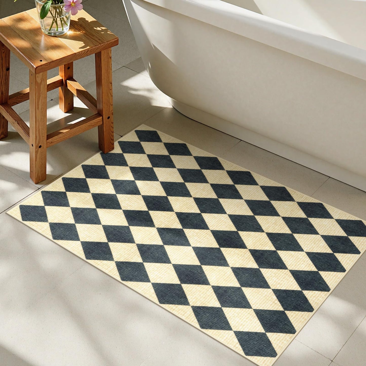 LIVEBOX Checkered Area Rug 2x3 - Small Entryway Rug Non Slip Washable Kitchen Mat, Bathroom Rugs Under Door, Moroccan Soft Indoor Carpet for Bedroom Laundry Entrance