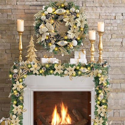 WANNA-CUL Pre-Lit 24 Inch Lighted Christmas Wreath for Front Door Champagne Gold Christmas Door Wreath Decor with Ball Ornaments, Poinsettia Flowers,Ribbon,Pine Cones,Battery Operated 30 LED Lights