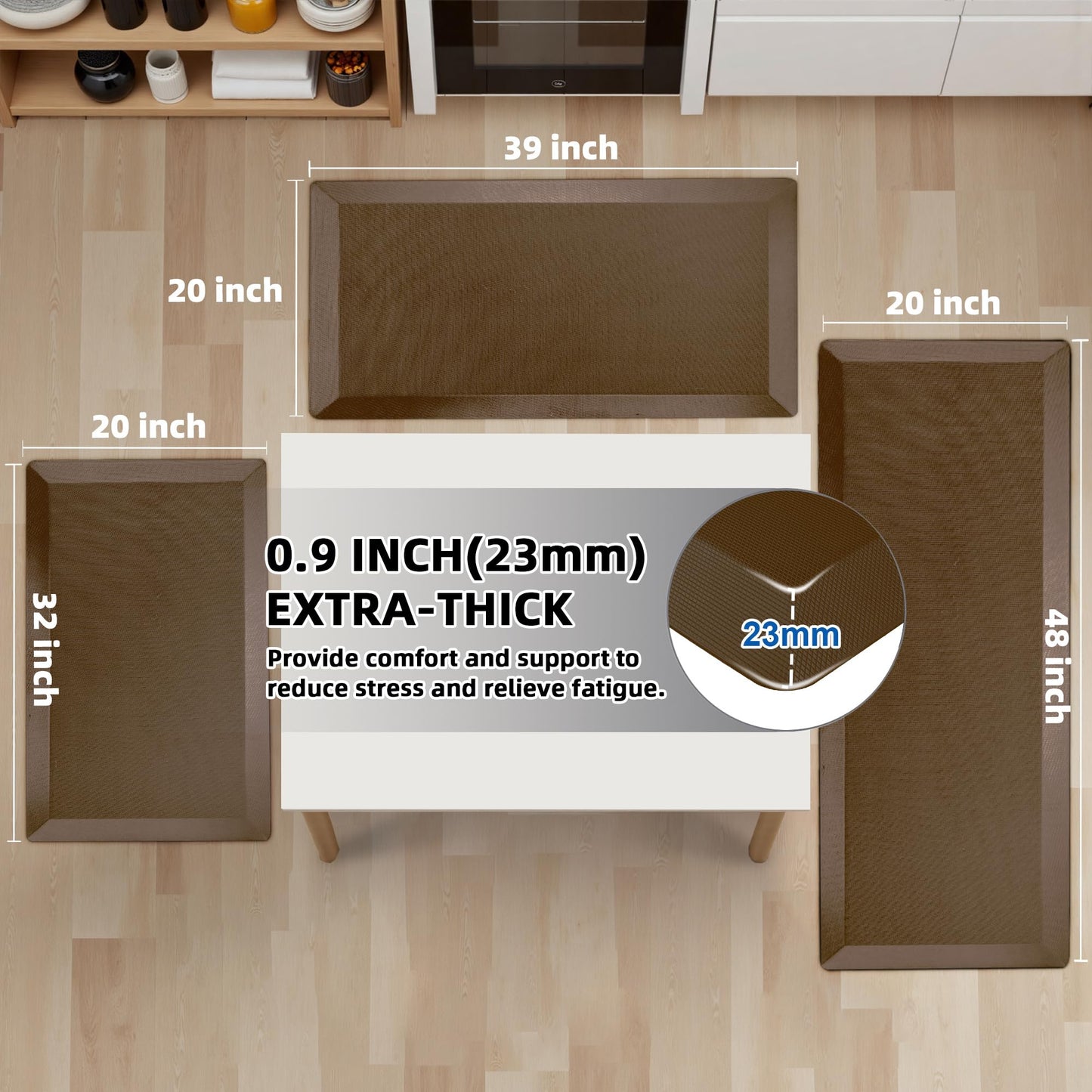 Anti Fatigue Kitchen Mats for Floor, Brown 9/10 Extra Thick Cushioned Standing Desk Mat, Comfort Memory Foam Ergonomic Kitchen Rugs and Mats Non-Slip Waterproof for Office, Kitchen, Sink, 20" x 39"
