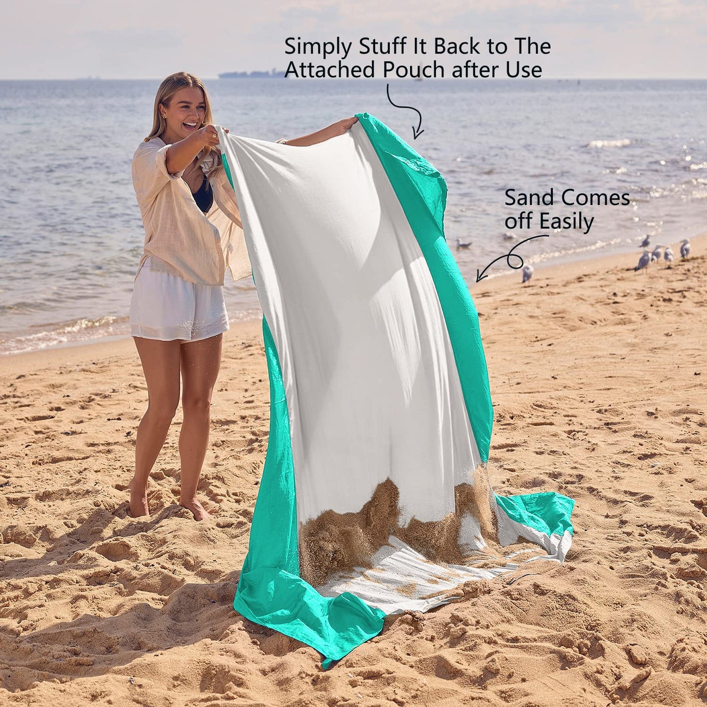 WEKAPO Beach Blanket - Sandproof Waterproof Extra Large Beach Mat | Oversized Sand-Free Lightweight Quick-Drying | Beach Vacation Essentials with Stakes & Corner Pockets (Turquoise, 7x7 FT)