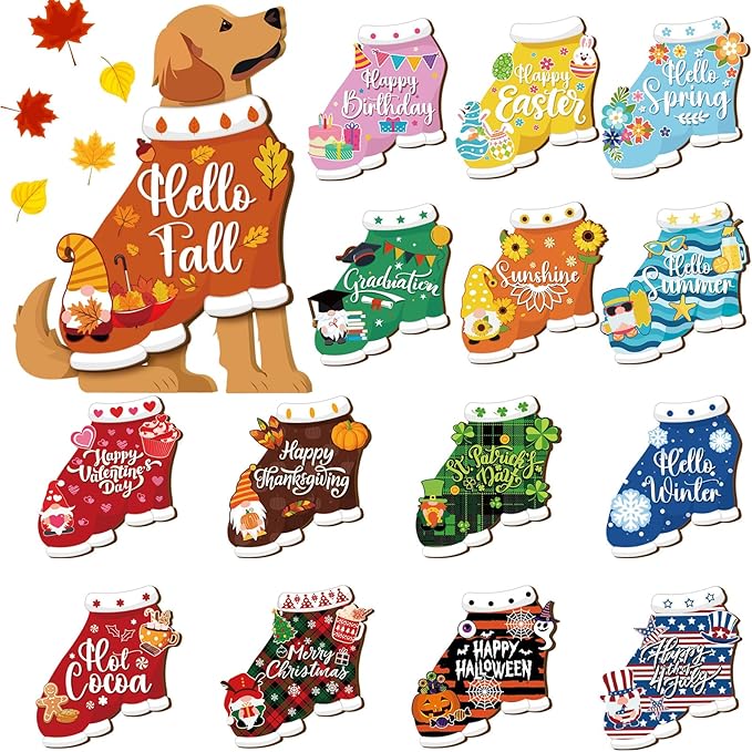 Barydat 16 Pcs Seasonal Dachshund Dog Welcome Sign Lovely Interchangeable Front Door Decoration, Wooden Rustic Holiday Door Wall Decor for Independence Day Summer Fourth of July Decoration(Cute Dog)