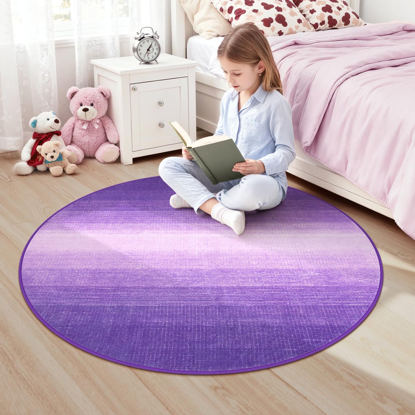 Wonnitar Modern Ombre Round Rugs 4ft, Washable Purple Bedroom Round Area Rug, Non-Slip Soft Circle Bathroom Throw Carpet, Gradient Low Pile Floor Mat for Bedside Entry (Purple, Round 4ft)