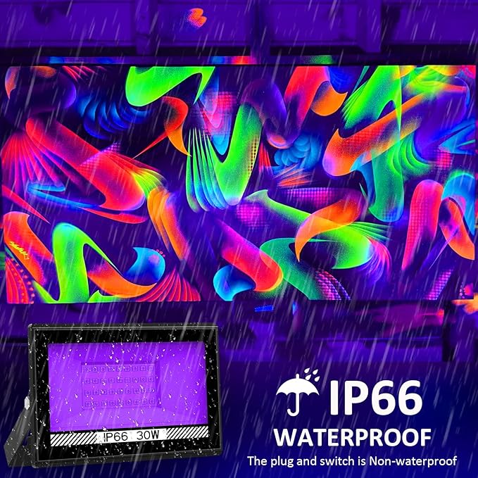 30W Black Lights, 4 Pack LED Blacklight Flood Light with Plug, IP66 Waterproof Black Lights for Glow Party, Glow in The Dark, Stage Lighting, Body Paint, Fluorescent Poster, Neon Glow