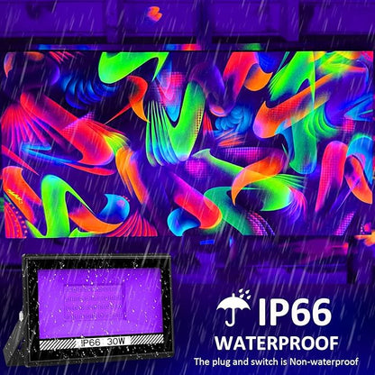 30W Black Lights, 4 Pack LED Blacklight Flood Light with Plug, IP66 Waterproof Black Lights for Glow Party, Glow in The Dark, Stage Lighting, Body Paint, Fluorescent Poster, Neon Glow