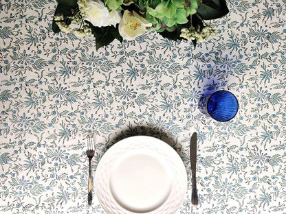 ATOSII Aster Blue 100% Cotton Square Boho Fall Tablecloth, Handblock Floral Table Cloth Linen for Kitchen Dining I Parties Wedding Outdoors Christmas Thanksgiving I Fall Home Decor 60 X 60 Inches