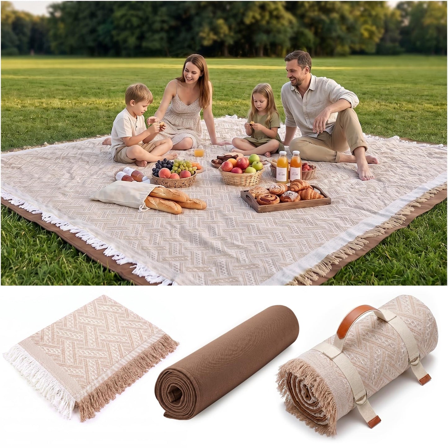 Genovega 2 in 1 Extra Large Rug Outdoor Picnic Blanket Waterproof Woven Boho Mat Giant Beach Towel Travel Essential Yoga Accessories Park Patio Lawn Garden Ground Music Festival Concert Must Have