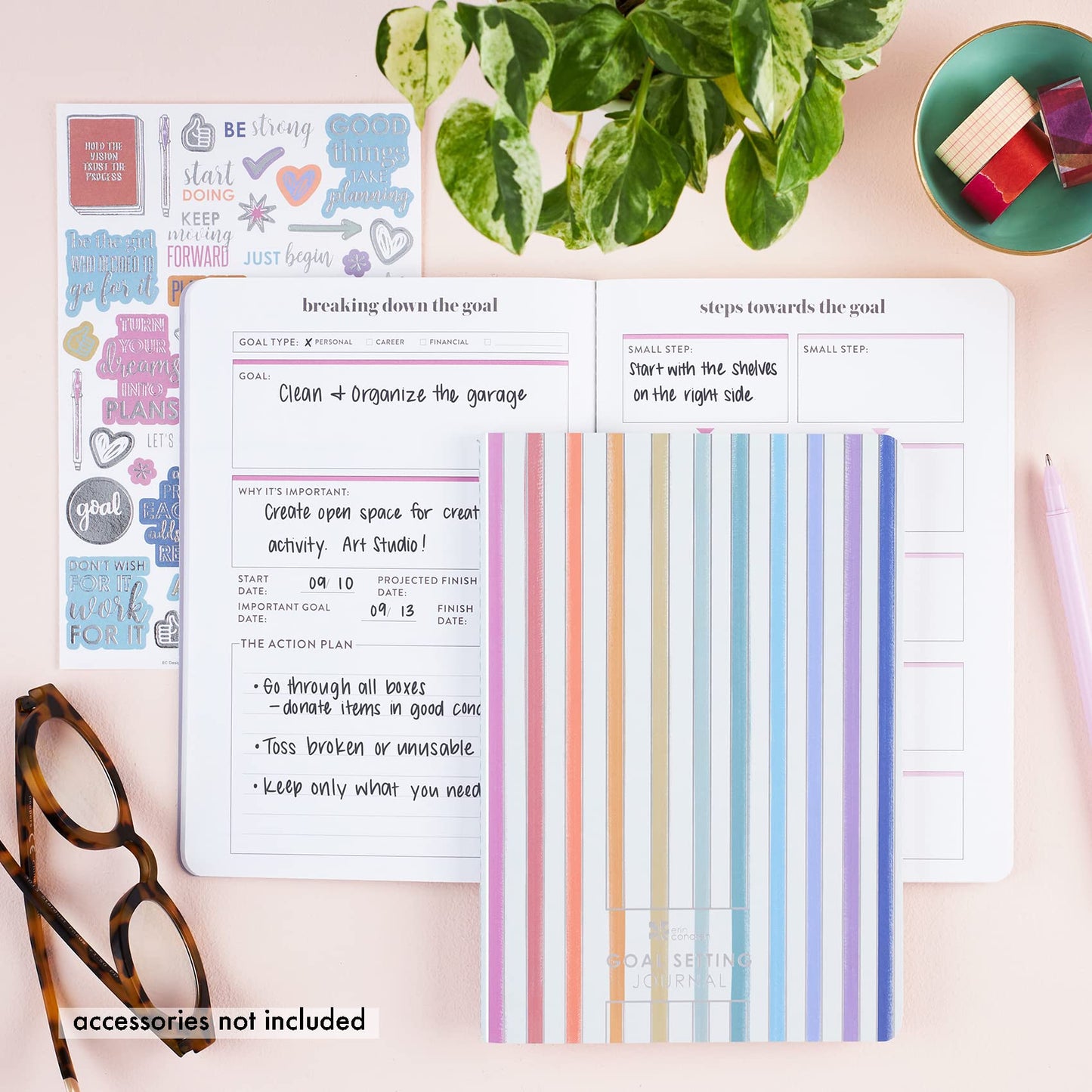 Erin Condren Designer Petite Planner - Goal Setting Journal Editions with Illustrative, Functional, Cute Sticker Pack that Includes Inspirational Quotes for Customization (Goal Setting 2)