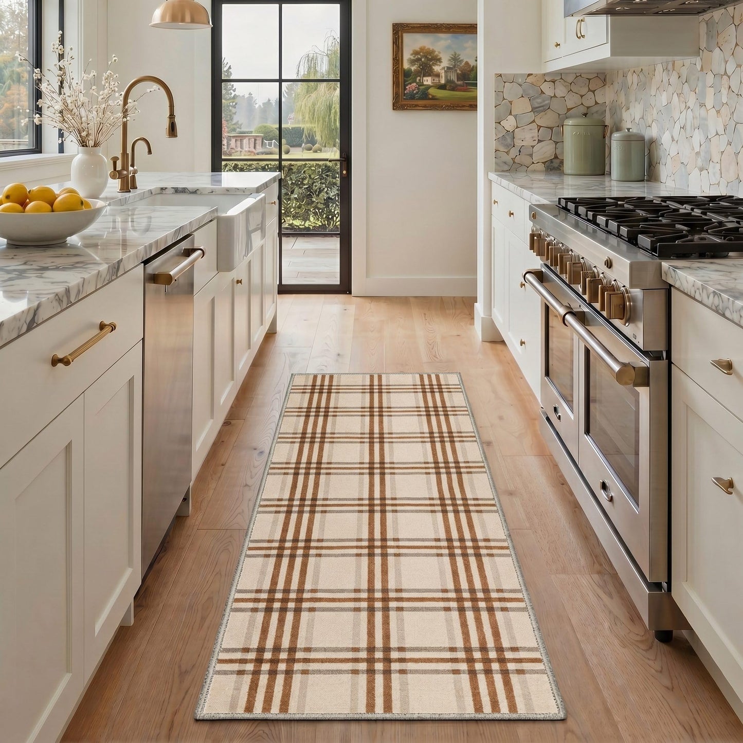 Bavni 5X7 Area Rugs, Minimalist Plaid Low Pile Non Slip Machine Washable Stain Resistant Indoor Rug for Living Room Bedroom Dining Room Home Office, Caramel Beige
