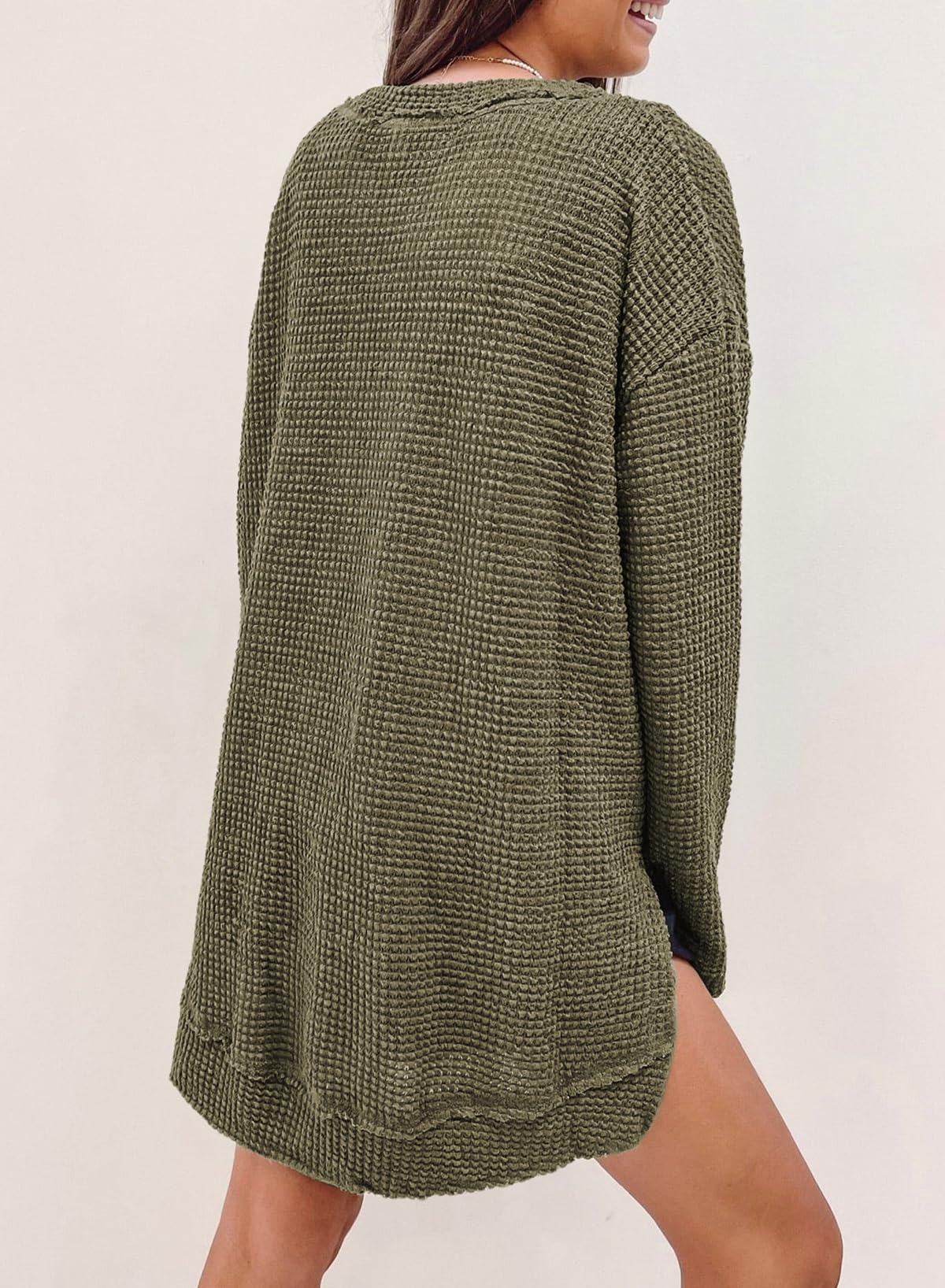 SHEWIN Fall Tops for Women 2026 Crewneck Oversized Sweatshirt Lightweight Waffle Knit Tunic Tops Casual Long Sleeve Shirts for Women,(US 8-10) M,Green