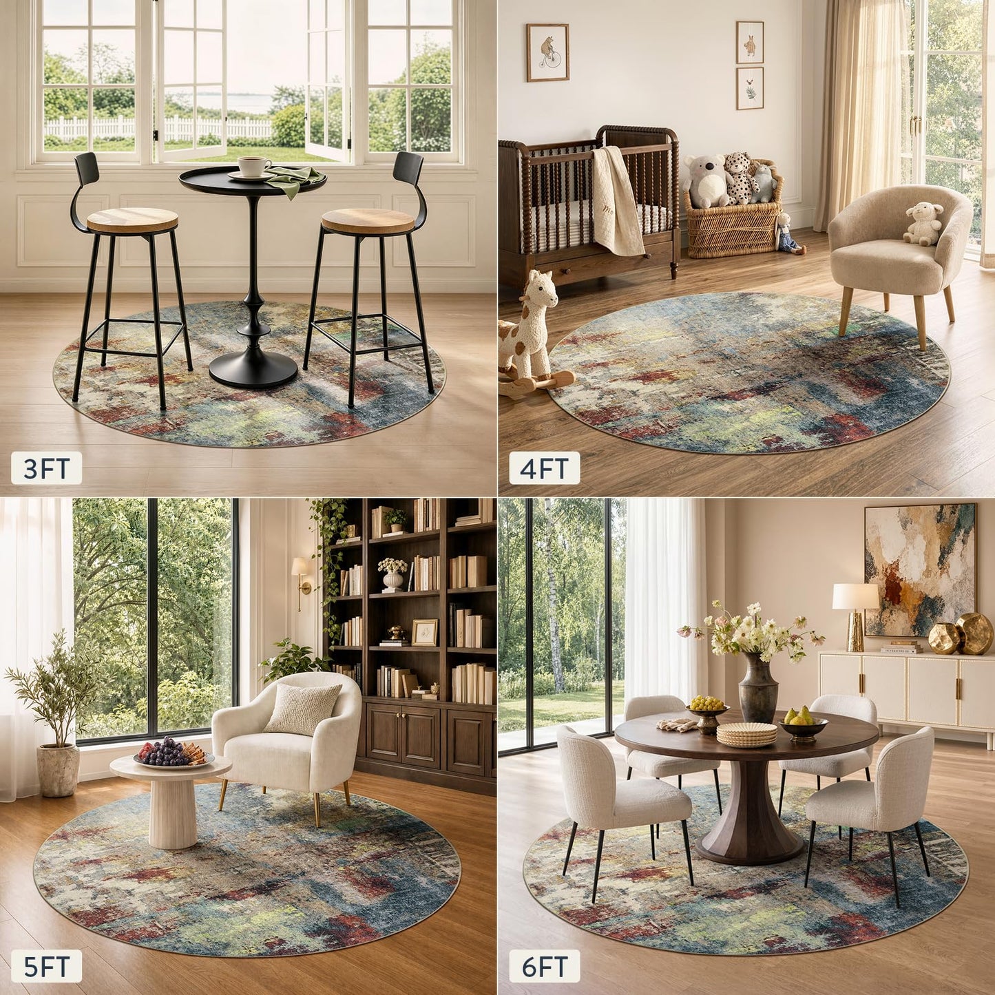 Lahome Modern Abstract Round Rug 4Ft - Washable 4x4 Circle Rugs for Living Room Bedroom Bathroom Non Slip, Soft Indoor Floor Carpet for Kitchen Entryway Family Room, Red/Multi