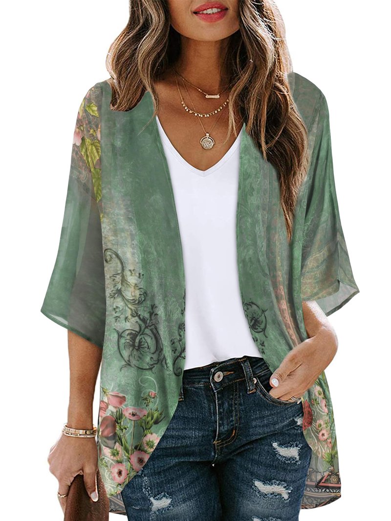 Women's Floral Print Puff Sleeve Kimono Cardigan Loose Cover Up Casual Blouse Tops(Army Green Floral,S)