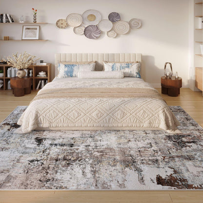 Rugcomf Modern Abstract Washable Rugs 8'x10' - Non-Slip Low Pile Area Rug, Large Boho Carpet for Living Room, Bedroom, Dining Room, Farmhouse, Kids Playroom, Office - Brown