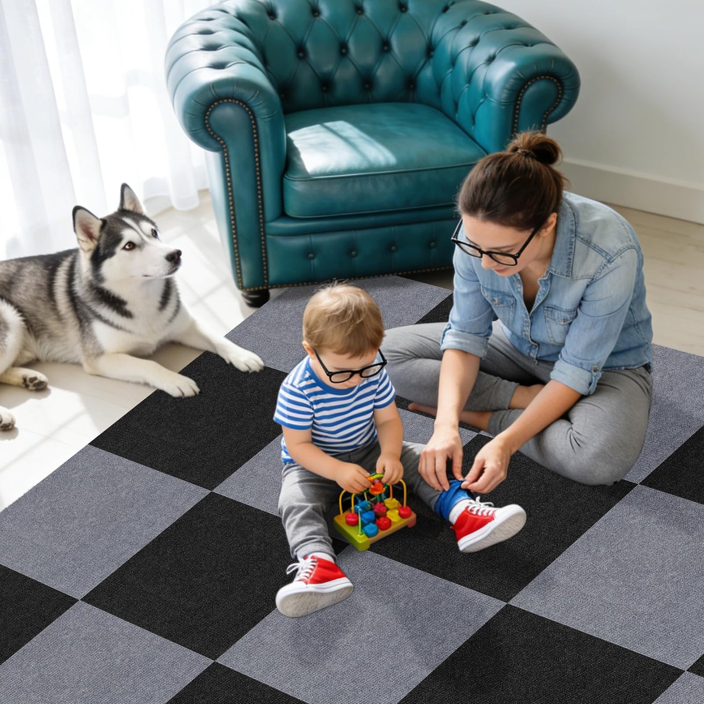 VeloflowXG 24" x 24"Peel and Stick Carpet Squares, Self Adhesive Non-Slip Carpet Tiles, Peel and Stick Soft Padded for Kitchen Bedrooms Indoor Outdoor(10 Tiles/40 sq ft) (10, Black)