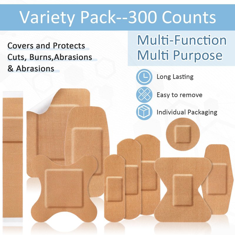 Geiserailie 300 Pcs Adhesive Bandages Family Variety Pack Fabric and Waterproof Assorted Bandages Bulk Sterile Individually Wrapped Bandages for First-Aid, Scrapes, Fingers (Flexible Fabric Bandage)