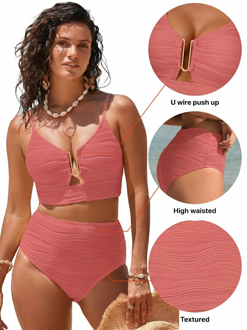 Herseas Women Bikini 2 Piece 2026 Vacation Cutout Bathing Suit Push Up Popular Swimsuit Textured V Neck Swimwear 2026 Summer Fashionable Swim Outfits Dusty Pink XX-Large