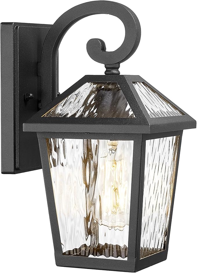 Outdoor Lights Fixtures Wall Mount, Outdoor Wall Lantern with Water Ripple Glass, Waterproof Outside Exterior Wall Sconce Lights Fixture for House, Front Porch, Patio, Matte Black