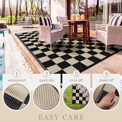 Klyyo Clyro Black Beige Checkerboard Outdoor Rug 5 x 8 ft Checkered Plastic Straw Camping Mat Foldable Reversible Patio Carpet for Rv Deck Camper Porch Backyard Picnic Beach Outdoor Garden