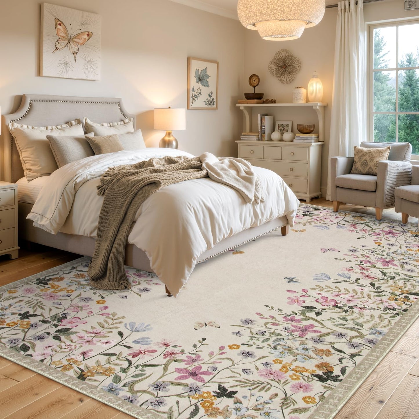 Wonnitar 4x6 Washable Area Rug, Boho Floral Bedroom Rug, Botanical Carpet for Nursery, Beige Non Slip Office Rug, Farmhouse Kitchen Kids Playroom Decor (4x6 Beige)