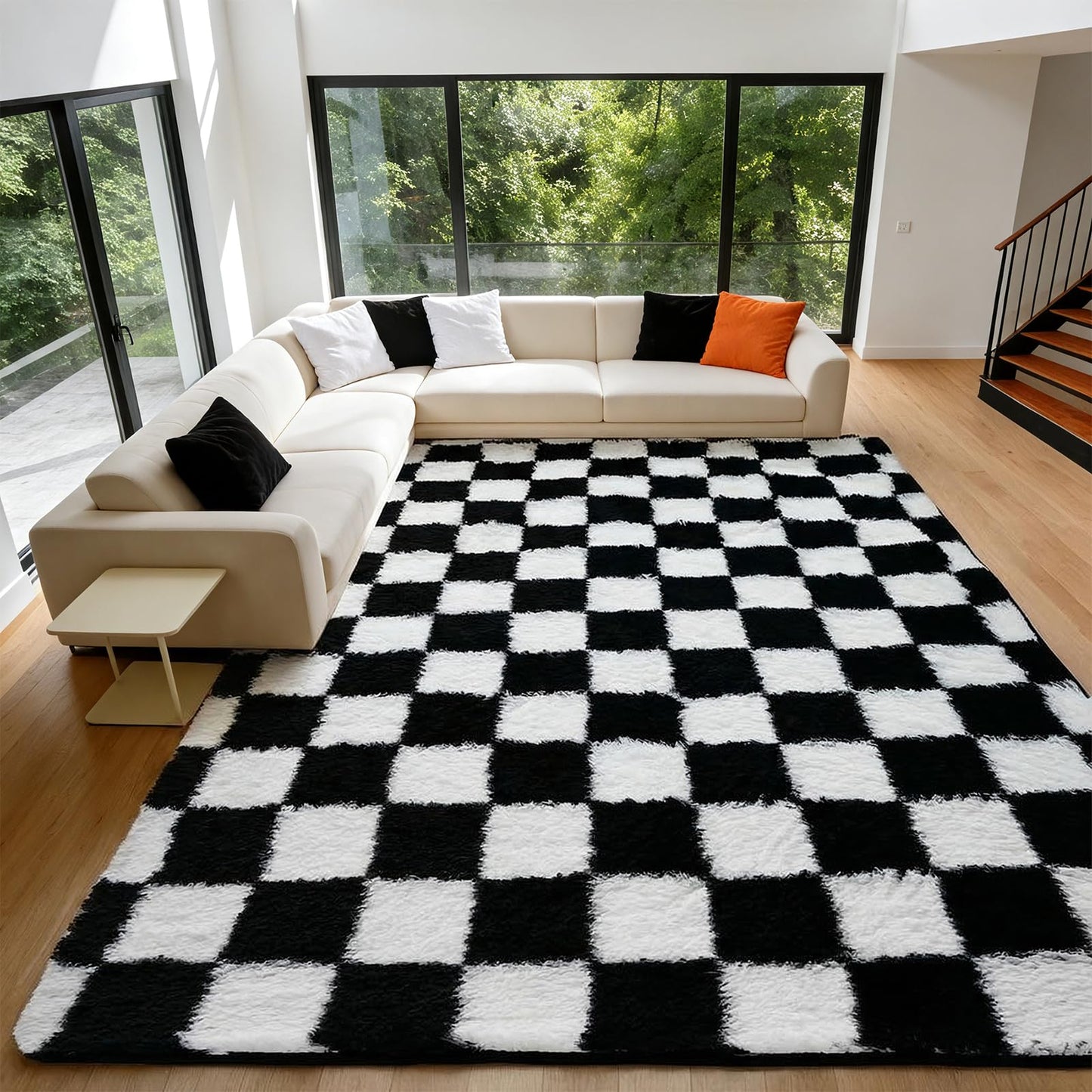 ThreadGlobe Checkered Shag Area Rug 4'x6', Black and White Plush Rug for Living Room, Non-Slip Soft Carpet for Bedroom Nursery, Modern Floor Decor with Grid Pattern, 4x6