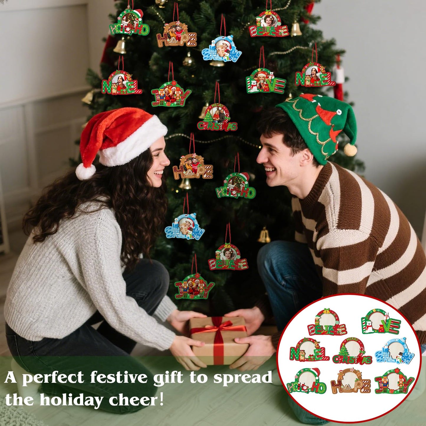Yalikop 16 Pcs Christmas Photo Frame Ornaments Wooden Nutcrackers Santa Snowman Snowflake Picture Frame Tree Decoration DIY Photo Keepsakes for Xmas Party Decorations Winter (Wishes)