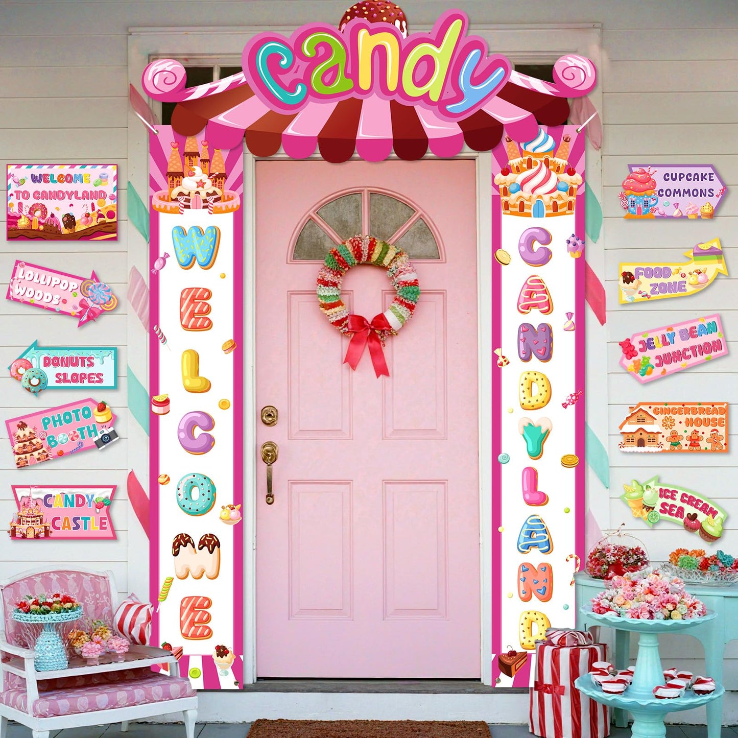 Candyland Party Decorations Welcome Candyland Door Banner Porch Sign Lollipop Paper Cutouts Sweet Candy Theme Party Supplies for Kids Candy Land Birthday Baby Shower Halloween Christmas Decor