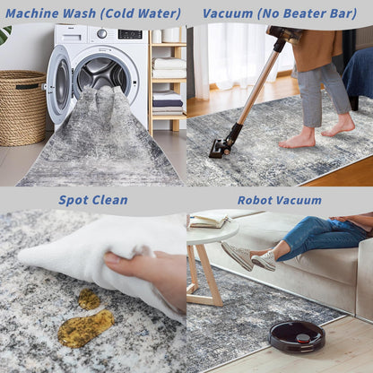 3x5 Washable Entryway Rug – Non-Slip Rubber Backed Small Area Rug for Kitchen, Bedroom, Living Room, Office – Soft Low-Pile Thin Modern Abstract Neutral Throw Rug （Blue Gray,3x5）