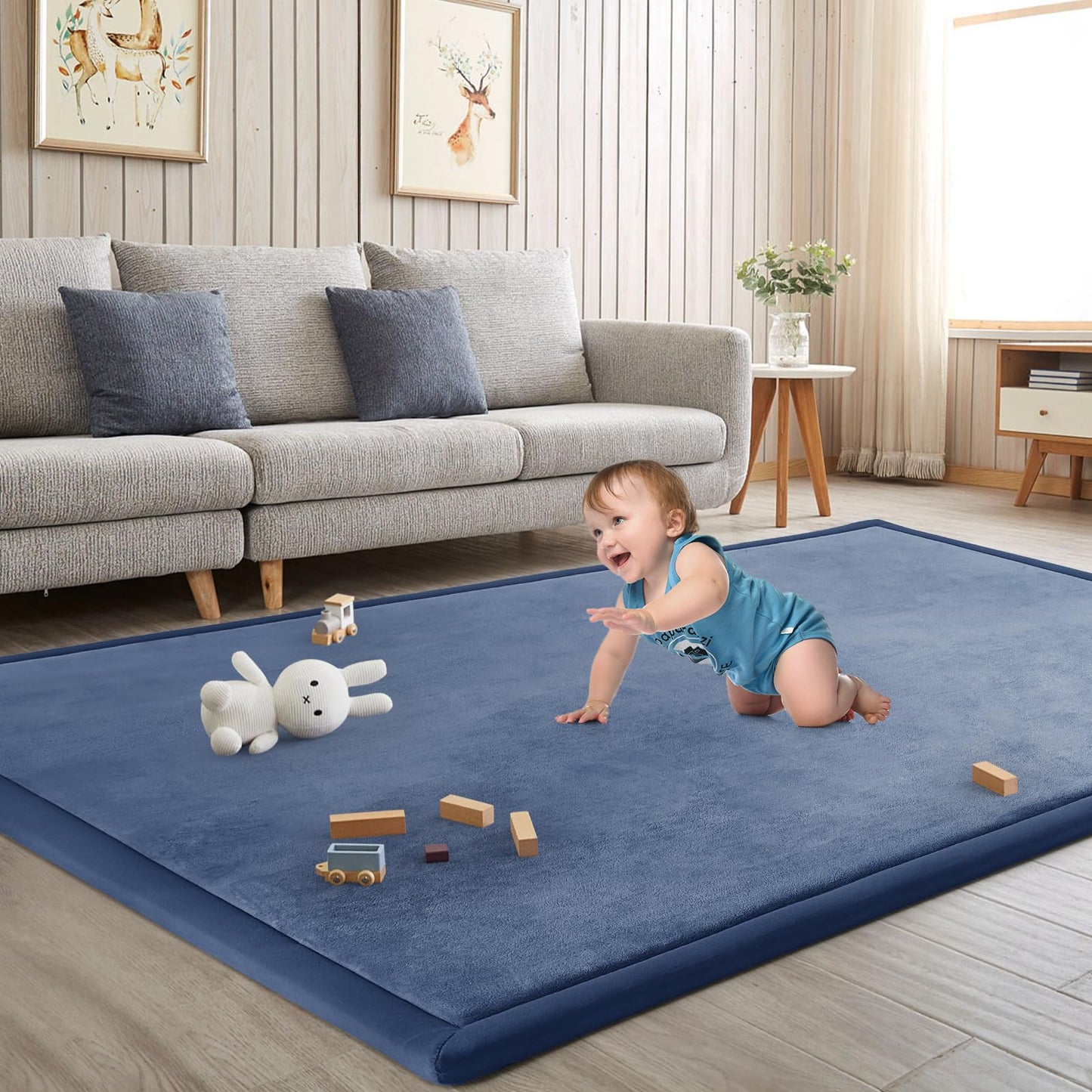 ILPEOD Baby Play Mat for Floor Nursery Rug Muscle Mat Area Rug Playroom Rug 79"x158" Playpen Mat Elastic Foam 1.3" Thick Crawling Mat for Babies,Toddlers, Infants, Kids,Sapphire Blue