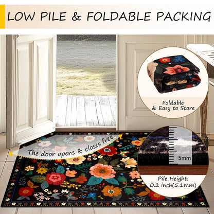 RELEANY Floral 5x7 Area Rugs Washable Print Boho Cute Carpet Non Slip Flower Low Pile for Living Room Bedroom Kitchen Office Farmhouse-Black