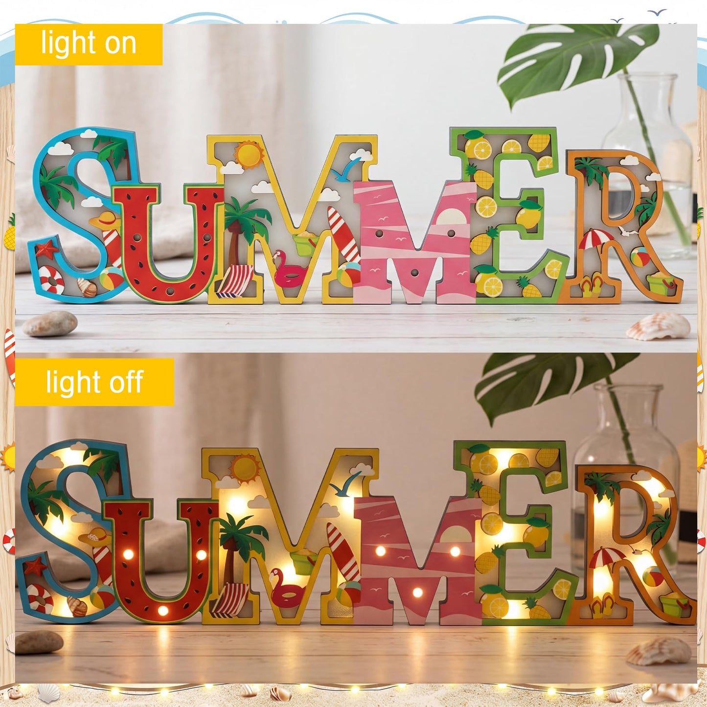 Geetery Summer LED Wooden Sign Watermelon Wooden Words Sign Tabletop Centerpiece Decor Beach Decorations for Summer Table Home Indoor Party