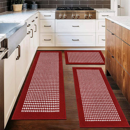 Ileading Christmas Kitchen Mat Sets 3 Piece Red Kitchen Floor Rugs with Non Slip Rubber Backing Machine Washable Runner Rugs for Winter Holiday Decor Laundry Hallway Doormat Valentine's Day
