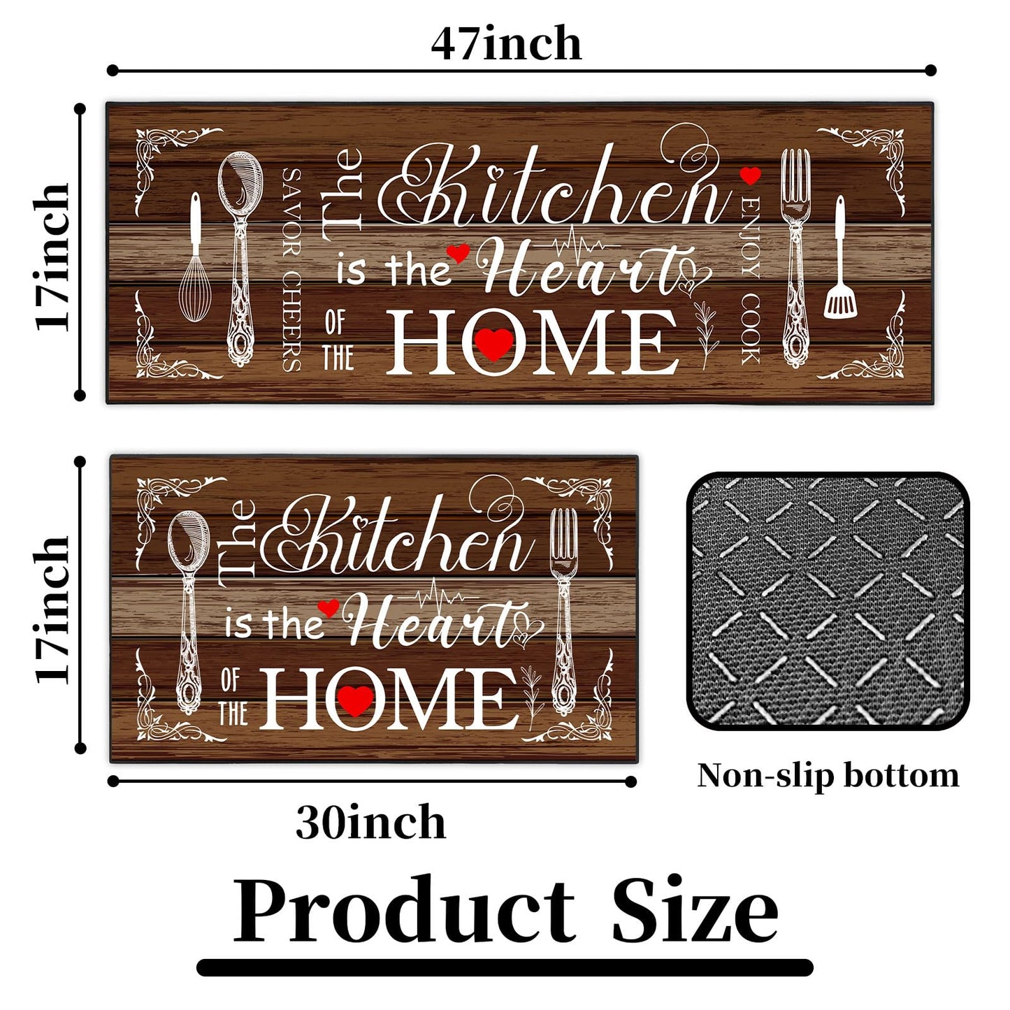 AmaAccess Farmhouse Kitchen Rug 2 Piece Set, Brown and White Rustic Kitchen Decor Rugs, Non-Slip, Absorbent, Washable Floor Mats, Home Indoor Runner Carpet (Brown, 17x30+17x47 Inches)