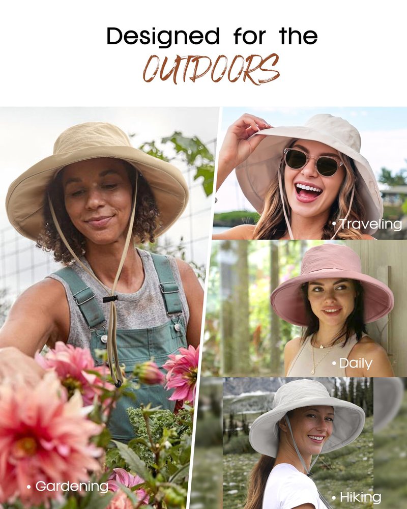 FURTALK Wide Brim Sun Hat with Ponytail Hole for Women UPF 80+ UV Protection Packable Bucket Hiking Travel Outdoor Hat Beige