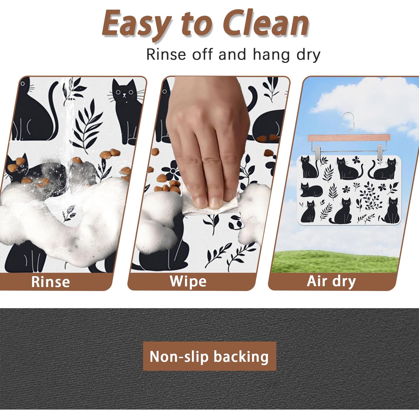 Cute Black Flower Dog Cat Food Mat,Absorbent Pet Feeding Mat with Rubber Backing,Non-Slip Water Bowl Placemat,Indoor Pet Accessories Supplies 12"x20"