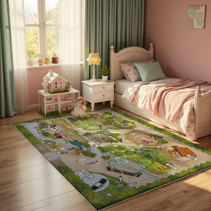 Nayoroom Kids Farm Adventure Play Rug,5x7ft Non-Slip Faux Wool Carpet with Interactive English Words, Educational Travel Map Design for Playroom, Bedroom, Nursery Gift